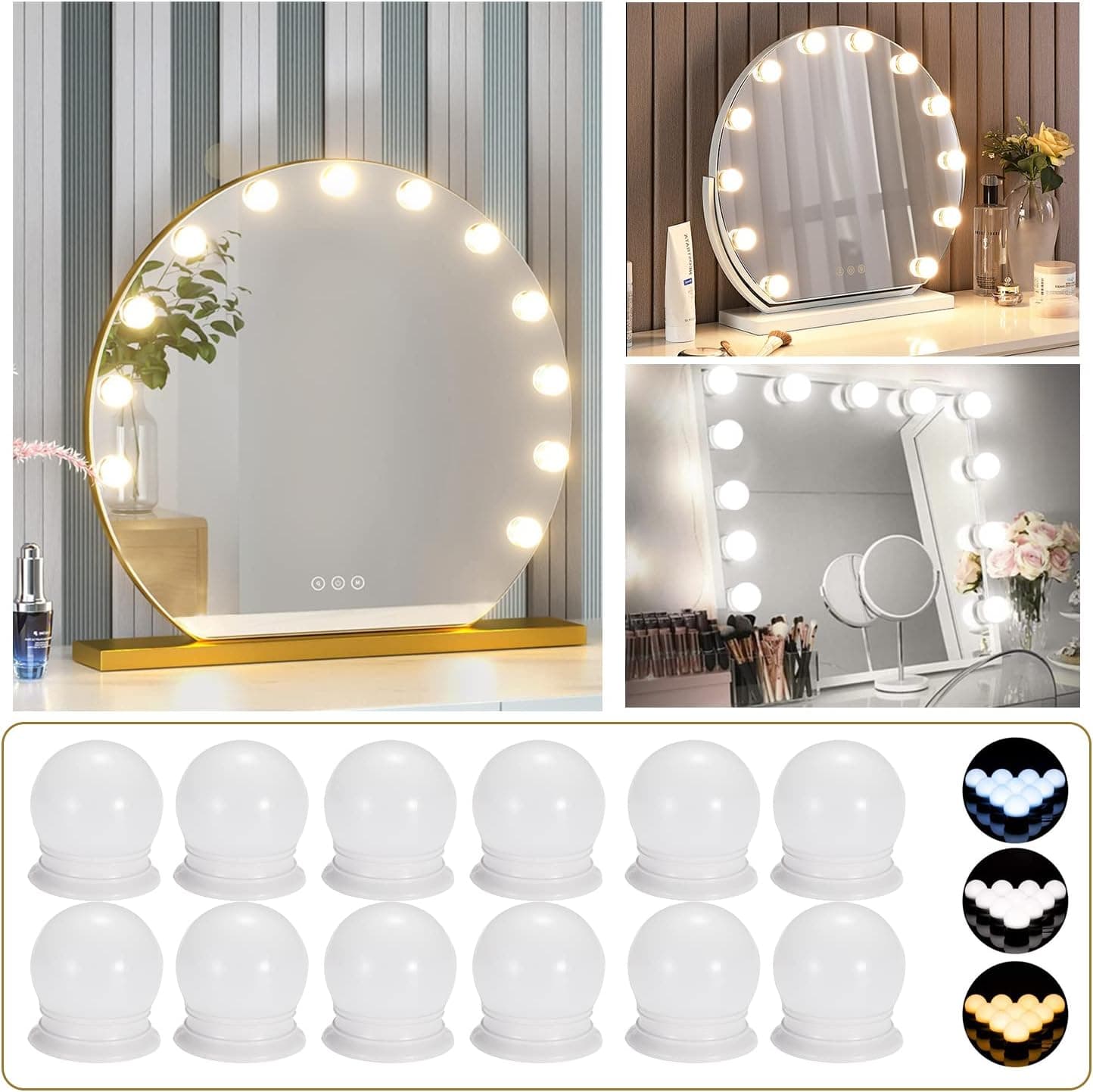 Yewclls LED Vanity Lights Strip kit for Mirror, Hollywood Style 10 Dimmable Light 12 Bulbs 3 Color Modes for Makeup Vanity Table & Bathroom Wall (No Mirror Included)