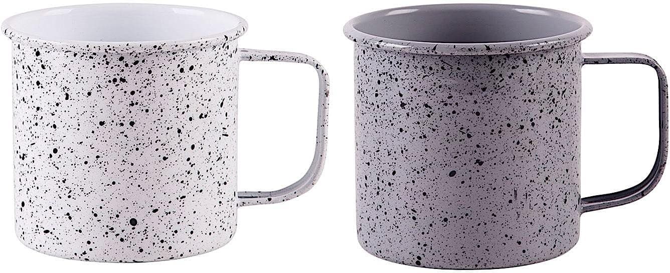 Fiddle + Fern Set of 2 Enamel Mugs Large Coffee Tea Camping Cup Soup Warmer 24 oz/710 ml (Grey & White Grey)