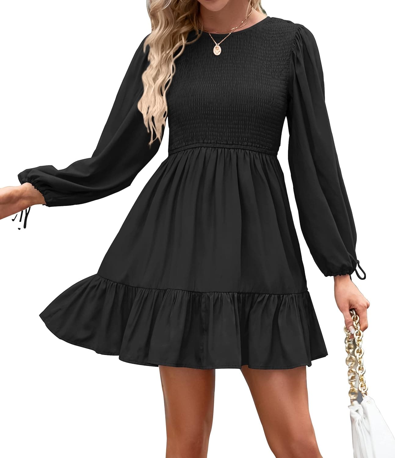 ZESICA Women's Long Sleeve Smocked Dress 2023 Casual Crew Neck Tiered Swing Cocktail Wedding Party Mini Dresses