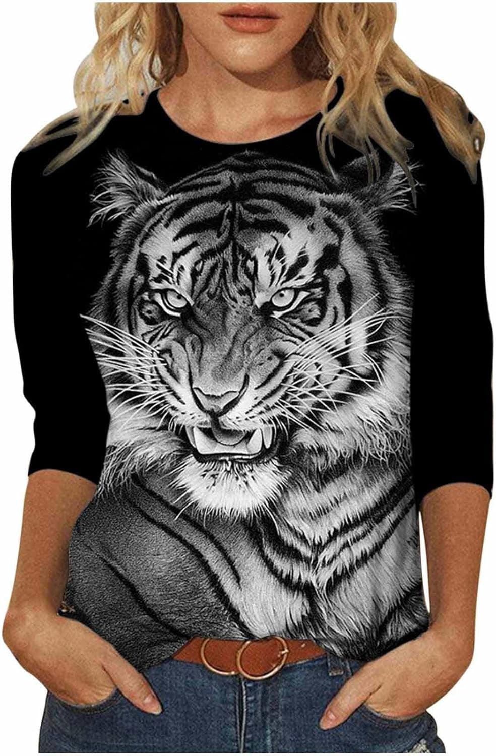 Tops for Women 2022 Women's Animal Tiger Printing Shirts Crewneck 3/4 Sleeve T Shirts Regular Fit Casual Tops Blouses