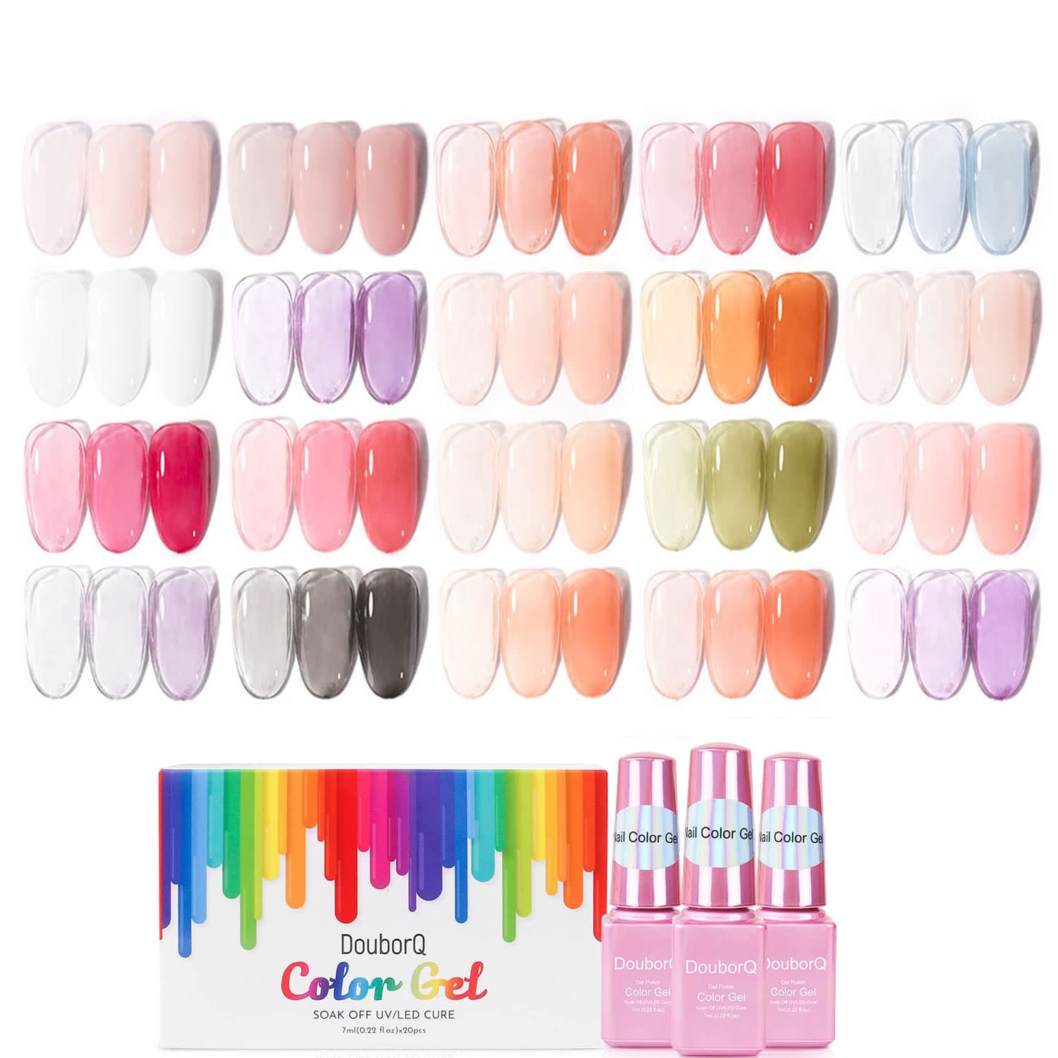DouborQ 20 Colors Jelly Crystal Gel Nail Polish Set Nude Pink Red Purple White Black Green Orange Gel Polish Kit Soak Off Nail Gel Polish for Girls