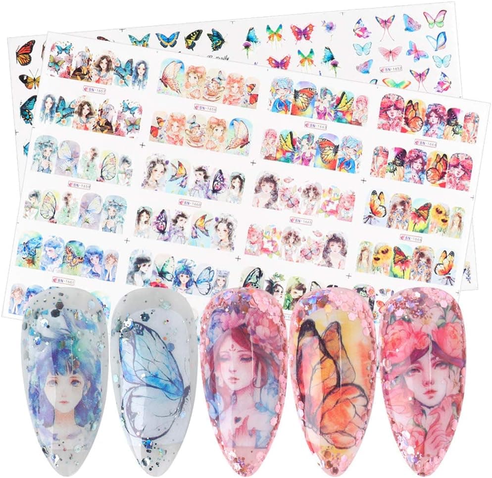 2 Large Sheets Butterfly Nail Art Stickers Nail Art Accessories Decoration DIY Colorful Butterflies Nails Art Design for Women Water Transfer Nails Supply Manicure Tips Decor Nail Art Supplies