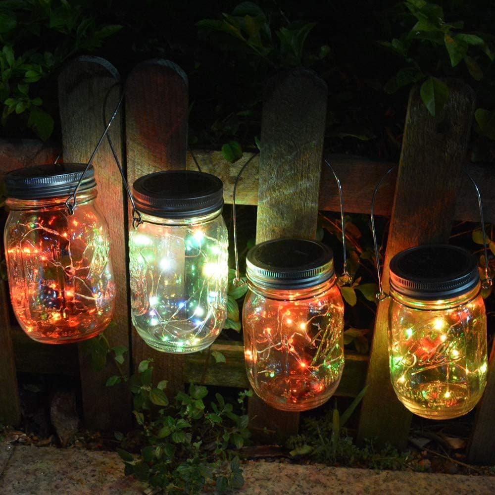 Homeleo 4 Pack 20 Led Color Changing Solar Powered Mason Jar Lights with Hangers for Outdoor Pathway Porch Table Yard Fence Decoration(Jars Not Included)