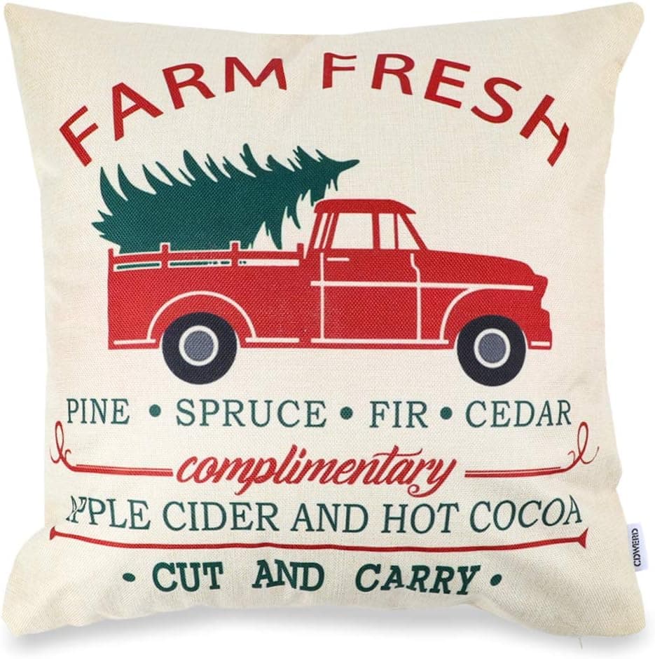 CDWERD Farmhouse Christmas Pillow Cover 18x18 for Couch Farm Fresh Truck Christmas Tree Farmhouse Decoration Pillowcase Cotton Linen Cushion Case for Home Sofa Bed Decor