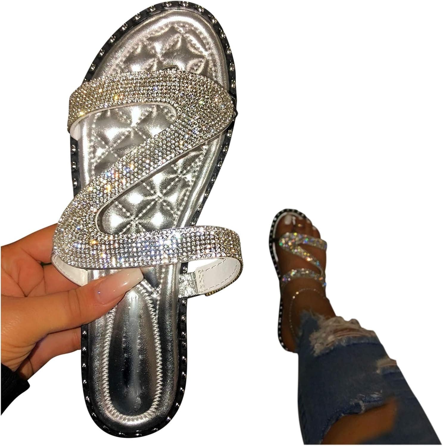 NarZhou Sandals for Women Bowknot Flat Sandals Slip-On Open Toe Slippers Flip Flop Casual Summer Beach Sandals