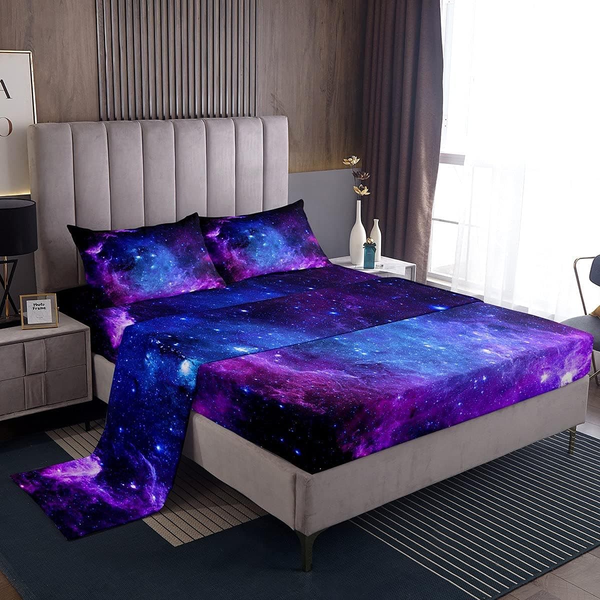 Feelyou Galaxy Bedding Set Kids Girls Twin Bed Sheets Outer Space Universe Starry Sky Sheet Set Teens Women Ultra Soft Purple Stars Decor Deep Pocket Fitted Sheet+ Flat Sheet + Pillow Case