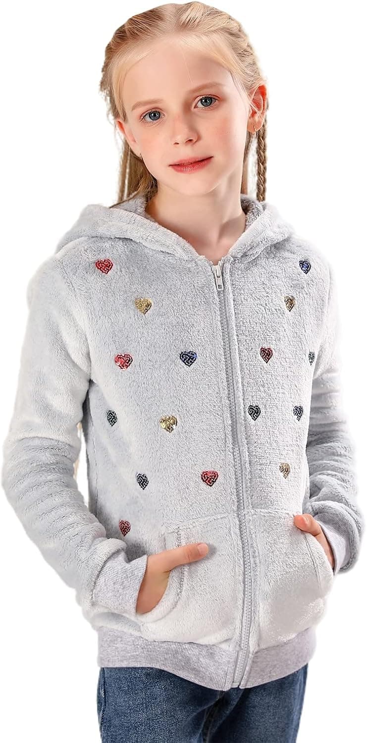 V.&GRIN Girls Fleece Zip-Up Hoodie, Soft Basic Hooded Sweatshirt with Pocket for Girls 7-16 Years(Gray Hearts 15-16)