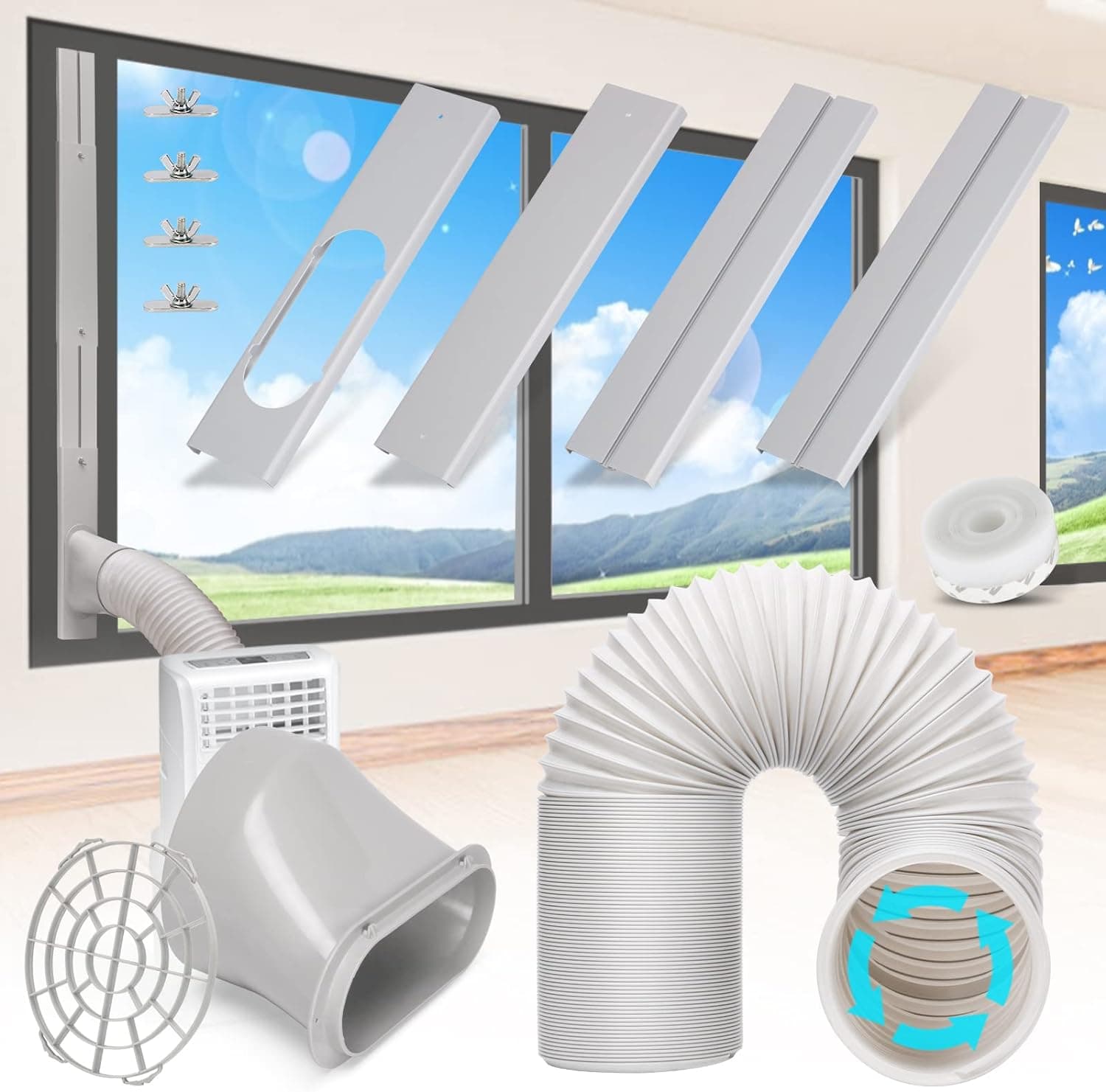 Kerykwan Portable Air Conditioner Window Vent Kit with 5.9” Exhaust Hose Adjustable Portabel AC Window Kit for Ducting Universal Portable AC Seal Panel for Horizontal&Vertical Window