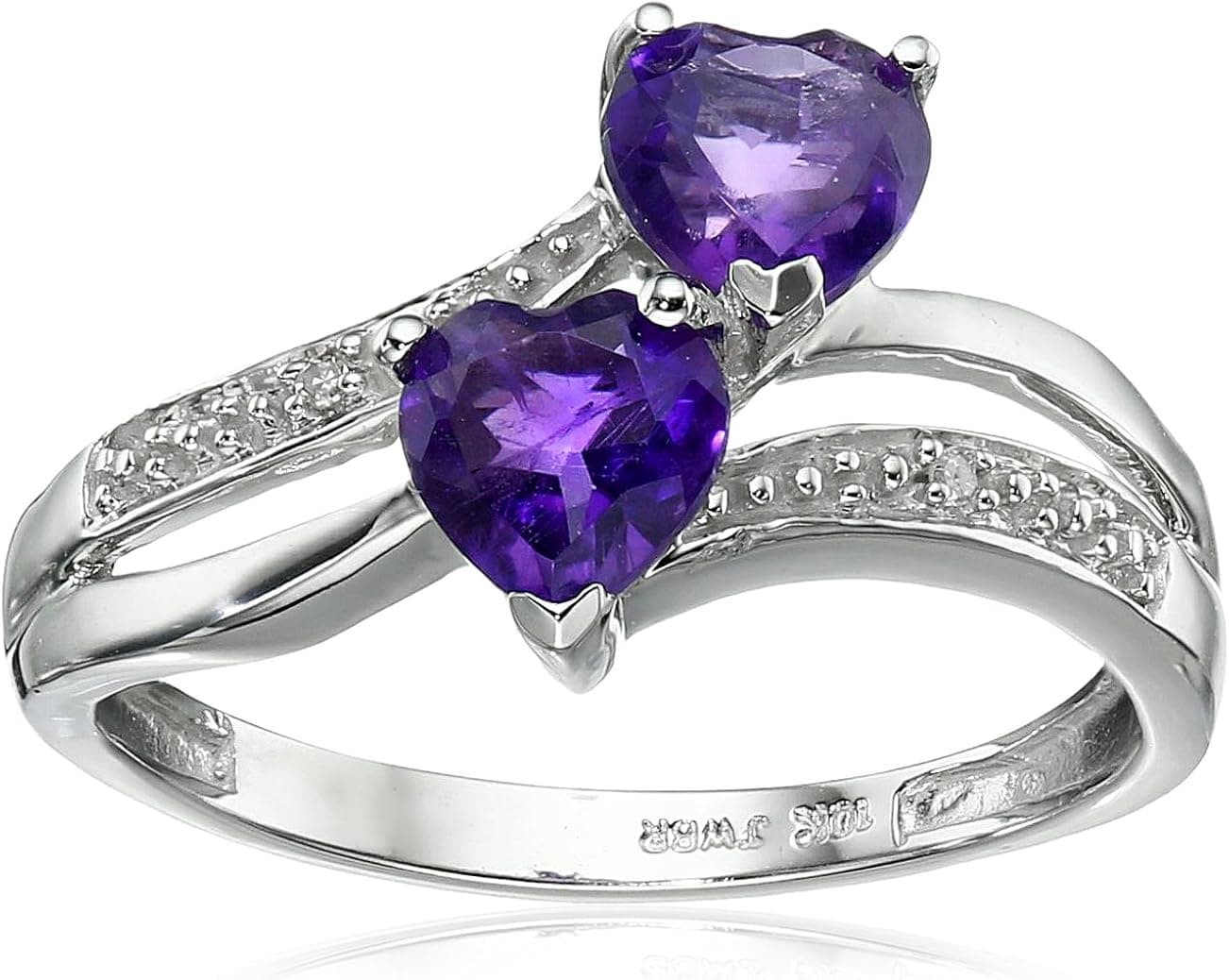 Amazon Collection 10k White Gold Double Heart-Shaped Amethyst with Diamond Heart Ring (0.007 cttw, J-K Color, I2-I3 Clarity)