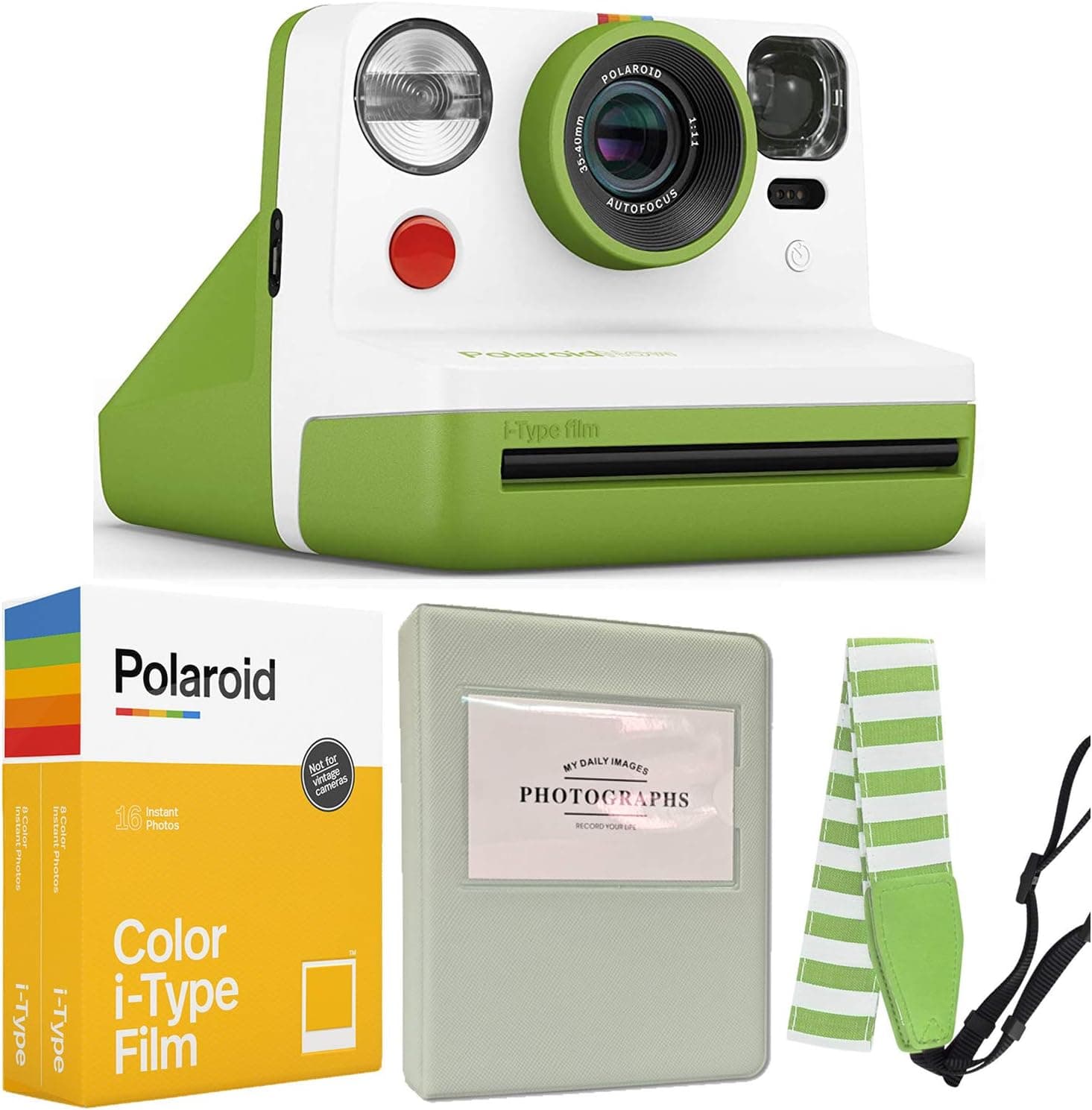 Polaroid Now i-Type Camera - Green + Polaroid Color Film for i-Type - Double Pack + Grey Album + Neck Strap