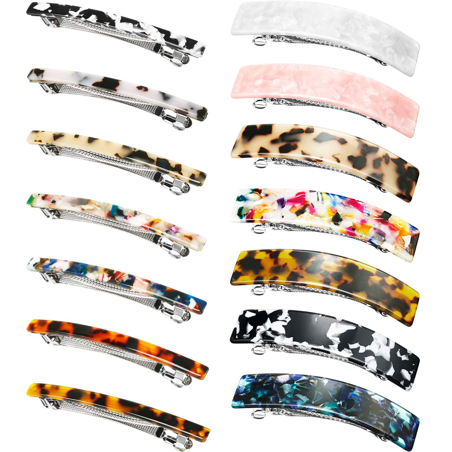14 Pieces Acetate Hair Barrettes Skinny French Barrettes Tortoise Shell Automatic Hair Clips French Rectangle Barrette for Woman Ladies Fine Medium Hair Supplies (Retro Agate)