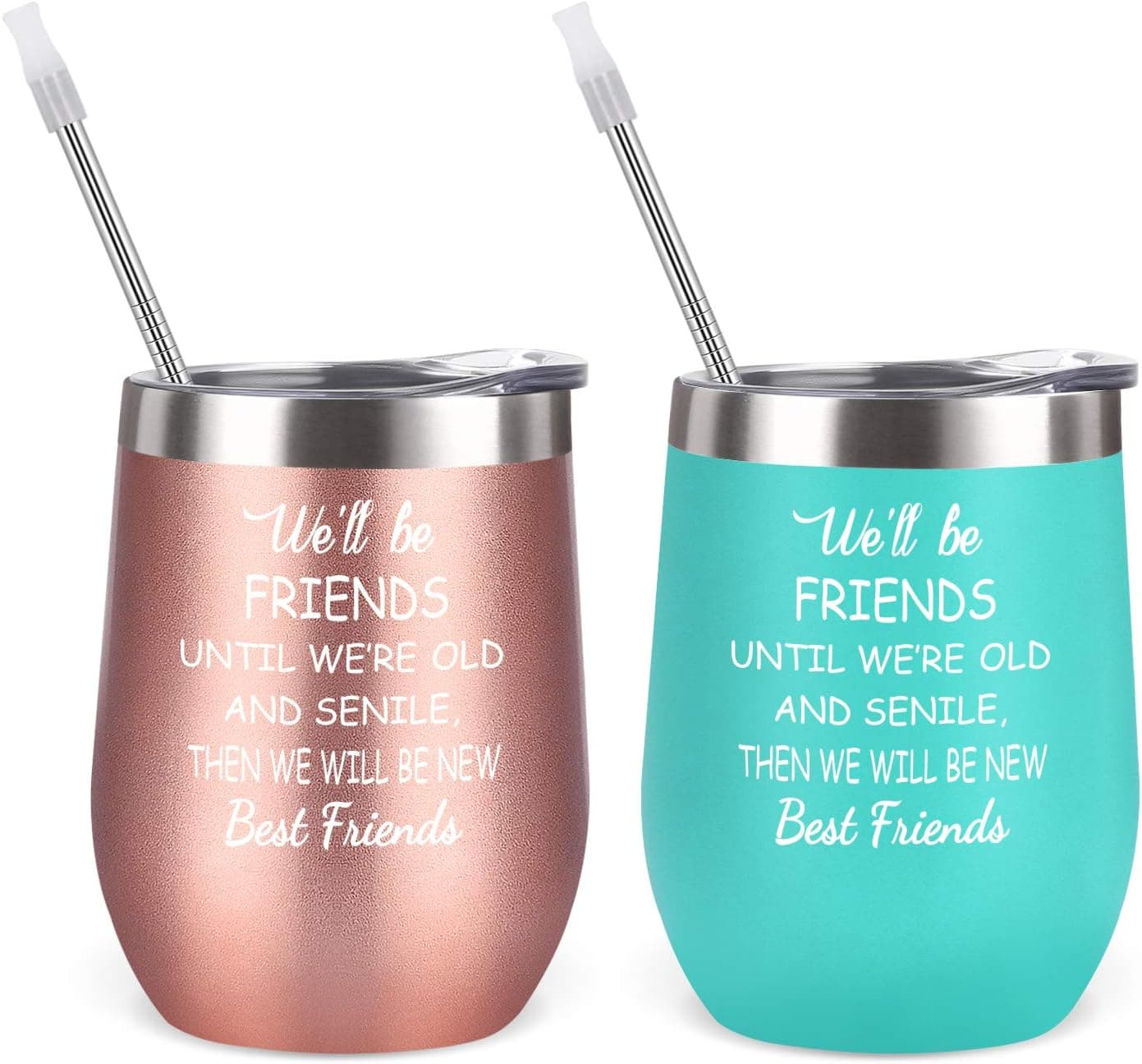 Friendship Idea for Women, We’ll Be Friends Good Friend Wine Tumbler Set of 2, Friend Graduation Thank you Idea for Women Girls, 12 Oz Insulated Wine Tumbler Set with Lid, Rose Gold and Mint