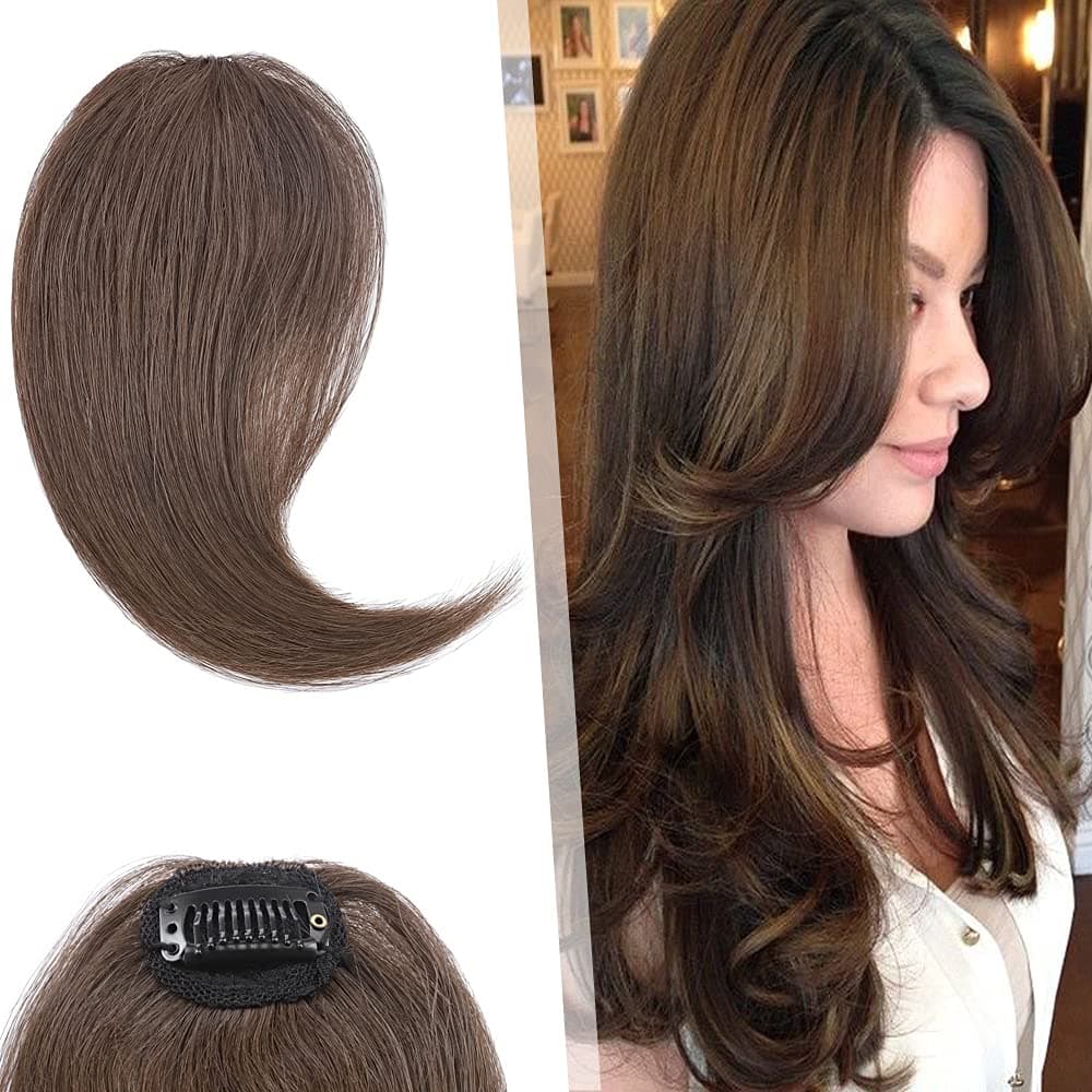 Hairro Clip in Side Bangs Extensions 100% Human Hair 2PCS Medium Brown Clip on Middle Part French Bangs Thin Sides Swept Fringe Hairpieces #4