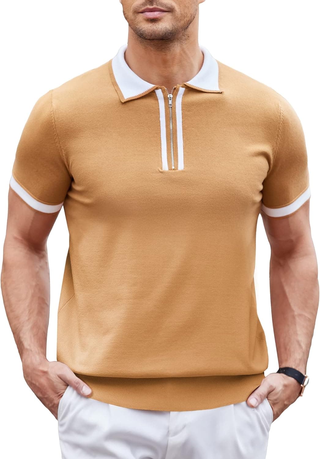 COOFANDY Men Zipper Polo Shirt Casual Knitted Short Sleeve Polo T Shirt Retro Golf Summer Polo