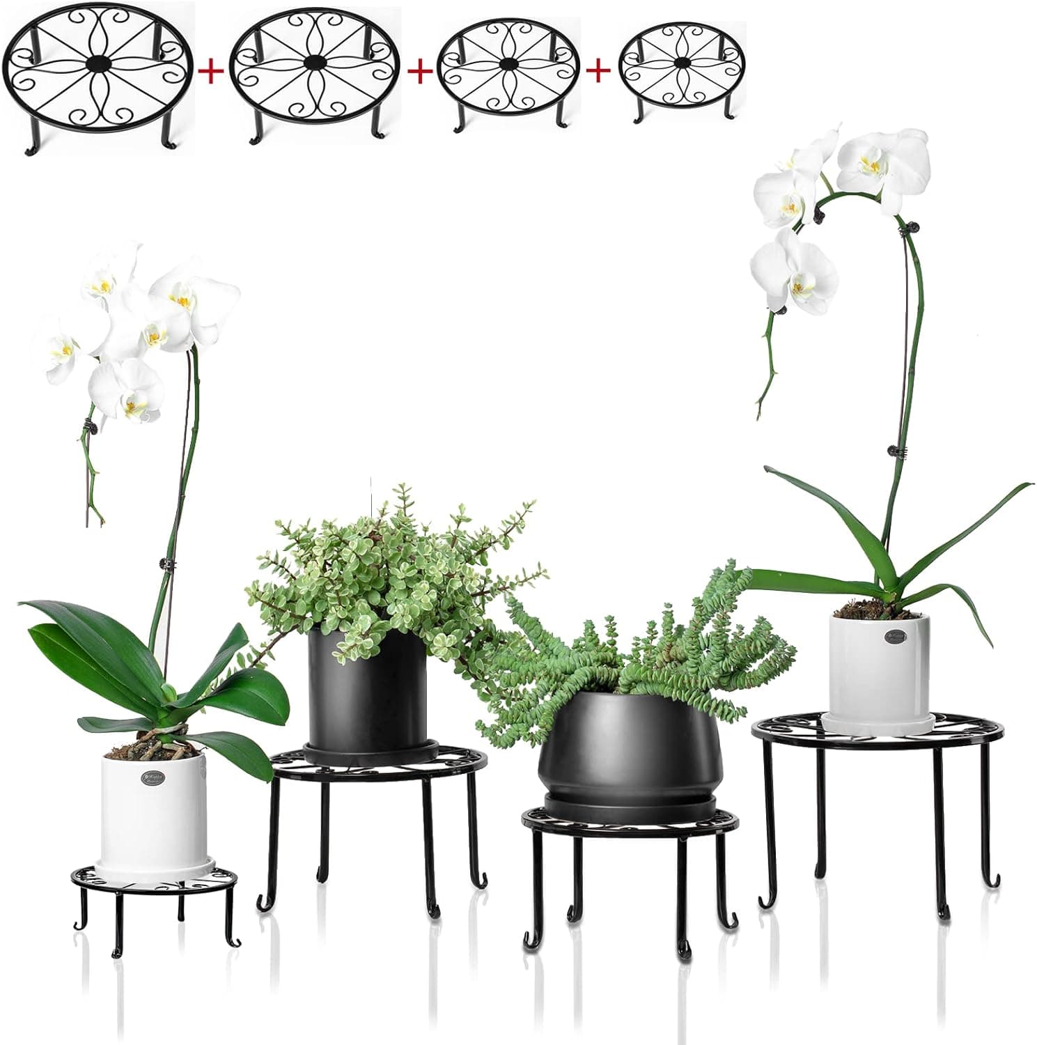 4 Pack Metal Plant Stand Black, Indoor Outdoor Flower Stand Pot Holder Rustproof Wrought Iron Tall Planter Risers Round Supports Heavy Duty Floor Plant Racks for Home Patio Garden Lawn Balcony
