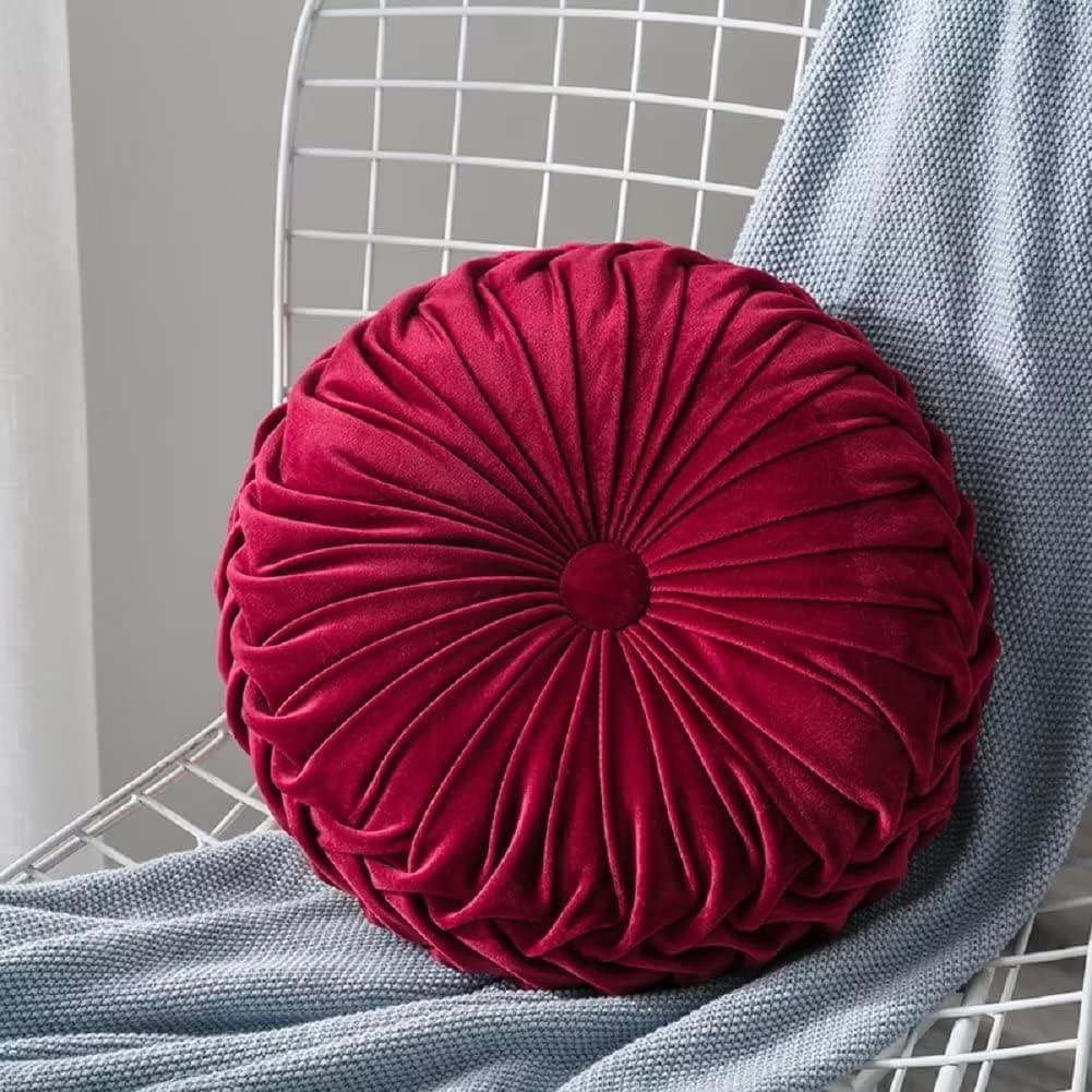 Decorative Couch Pillow Round Pumpkin Velvet Cushion 13.8" Pleated Throw Pillow Floor Pillows for Living Room Chair Couch Sofa,Wine Red