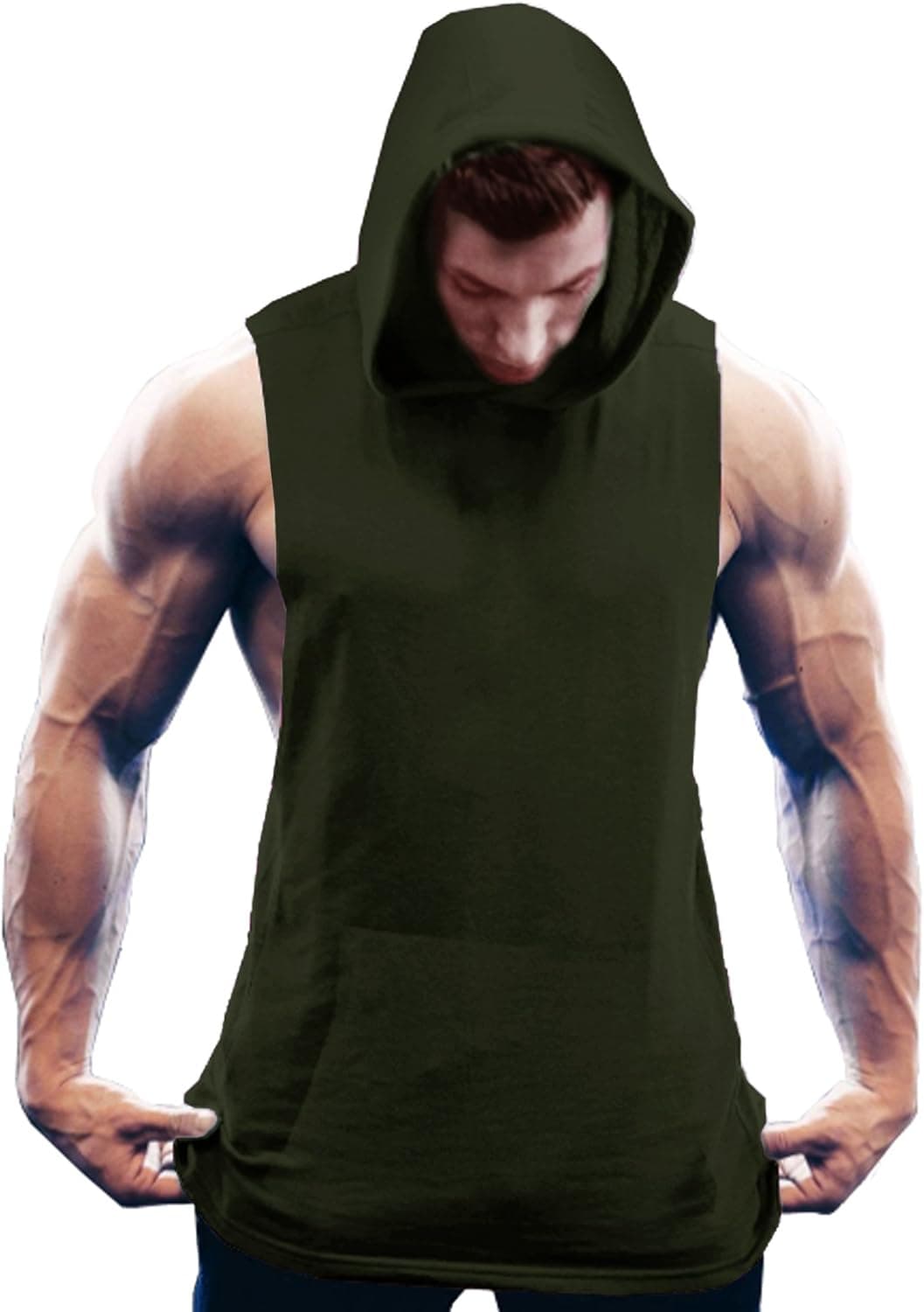 COOFANDY Mens Workout Hooded Tank Tops Bodybuilding,Army Green,Large
