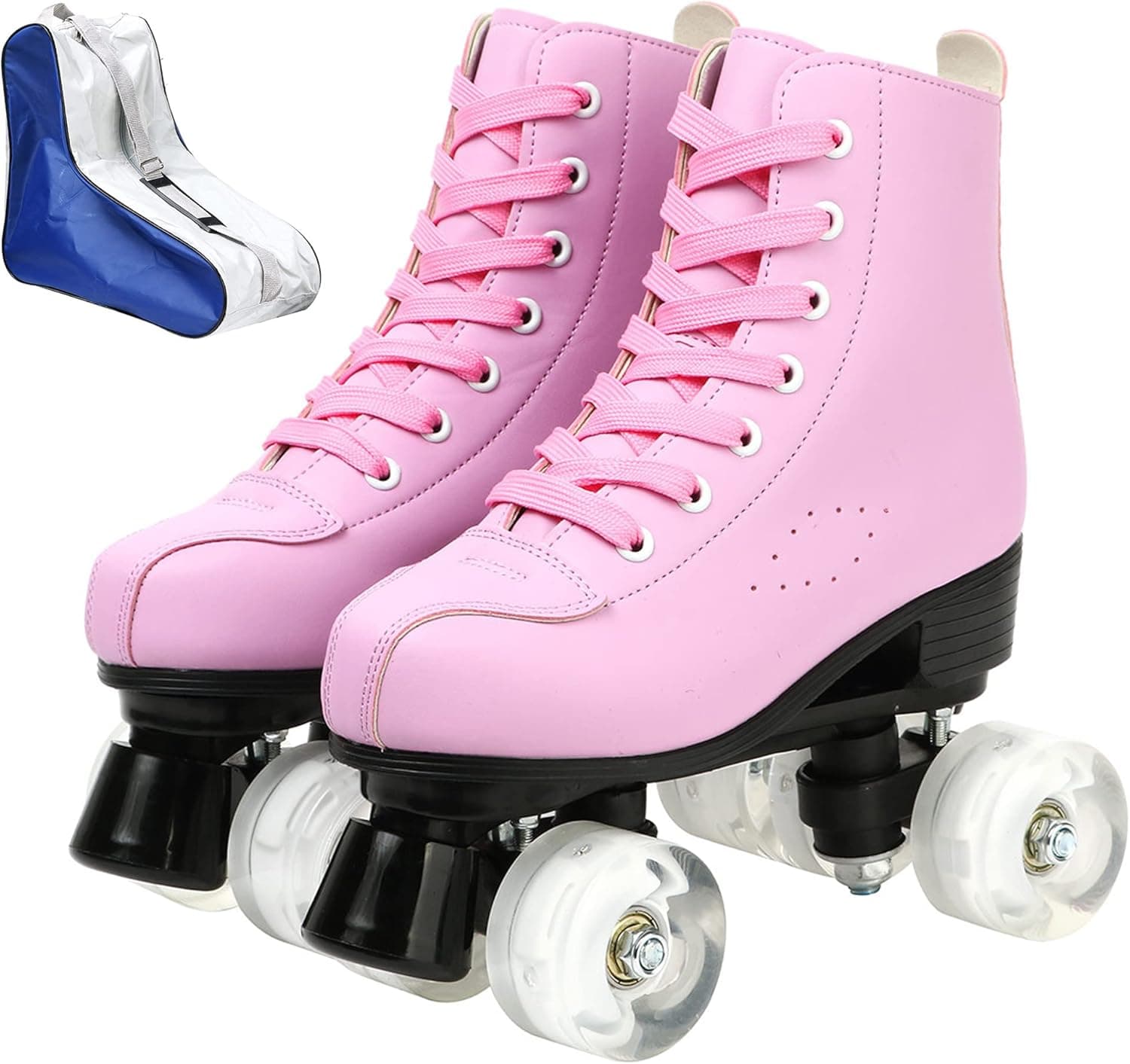 XUDREZ Roller Skates for Women Men Cozy PU Leather High-top Roller Skates for Beginner Double-Row PU Wheels, Professional Indoor Outdoor Roller Skates with Shoes Bag (Pink no Flash,39)