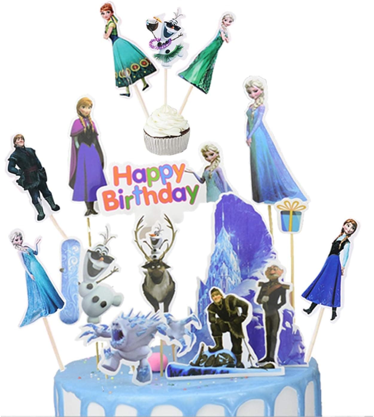 34PCS Frozener Birthday Cake Topper and Cupcake Toppers - 10pcs cake toppers Happy Birthday Party Supplies Cake Topper and 24 pcs Cupcake Toppers