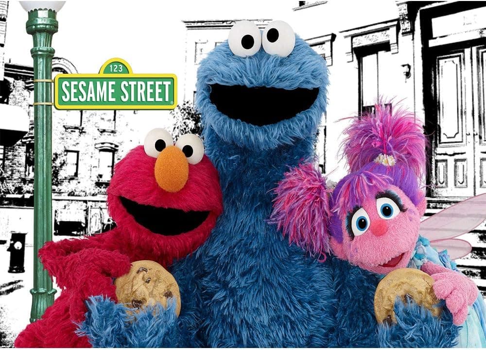 Comic Style City Town Abby and Elmo Backdrop 7x5ft Green Street Light Sesame Street Cookies Photography Background Happy Birthday Vinyl Baby Photo Booth Props