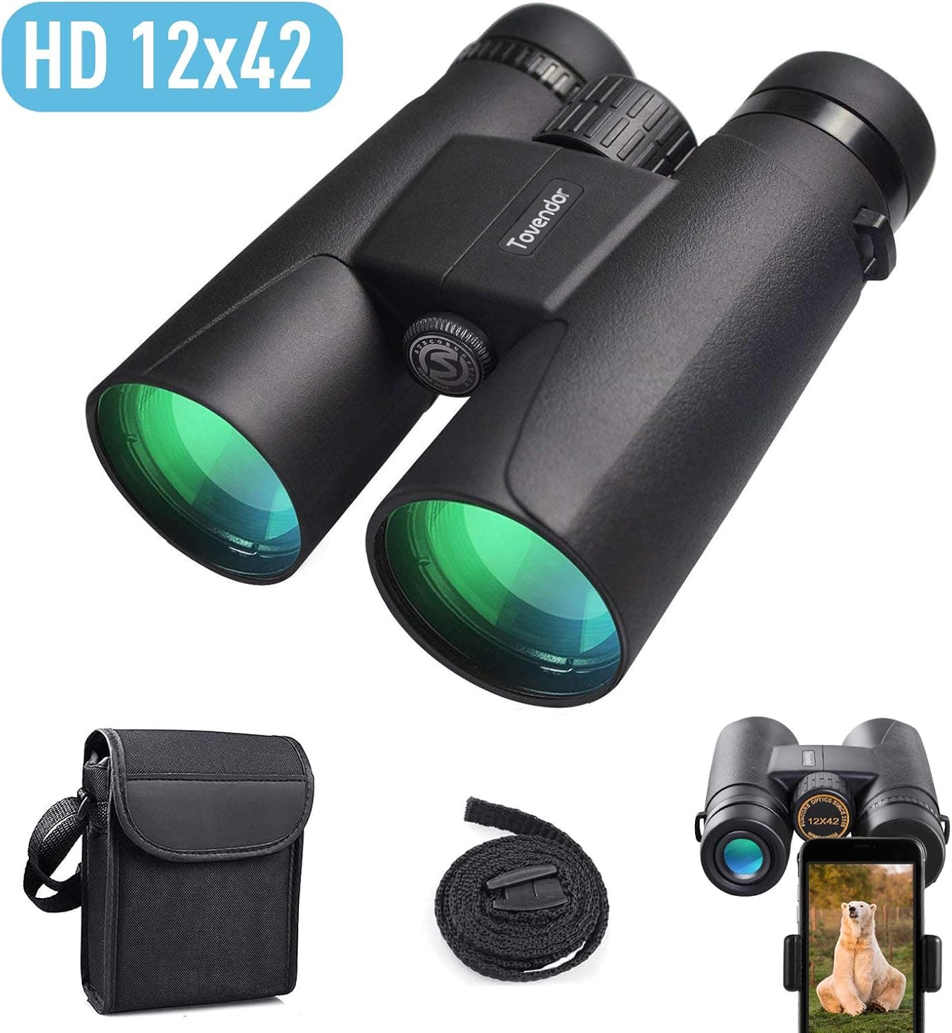 Compact Binoculars, Tovendor 12x42 Binoculars for Adults with Weak Light Vision for Hunting, Bird Watching, Theater, Concerts, Hiking - BAK4 Prism FMC Lens with Phone Mount Strap Carrying Bag