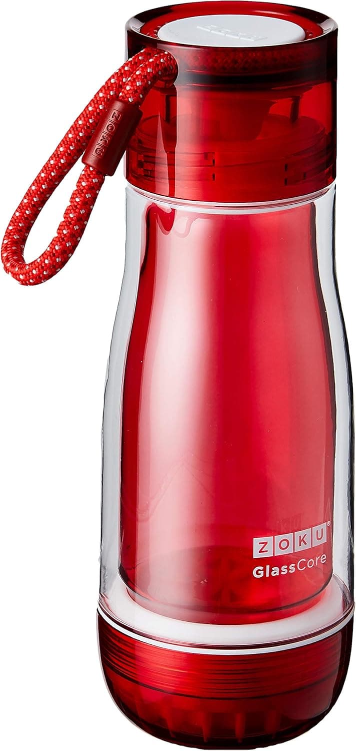 Zoku 12oz Glass Core Bottle, Red | Double-Wall Suspended Durable Glass | Leakproof Hygienic Locking Cap with Paracord Lanyard | Large 1-1/2 Inch Diameter Mouth Opening