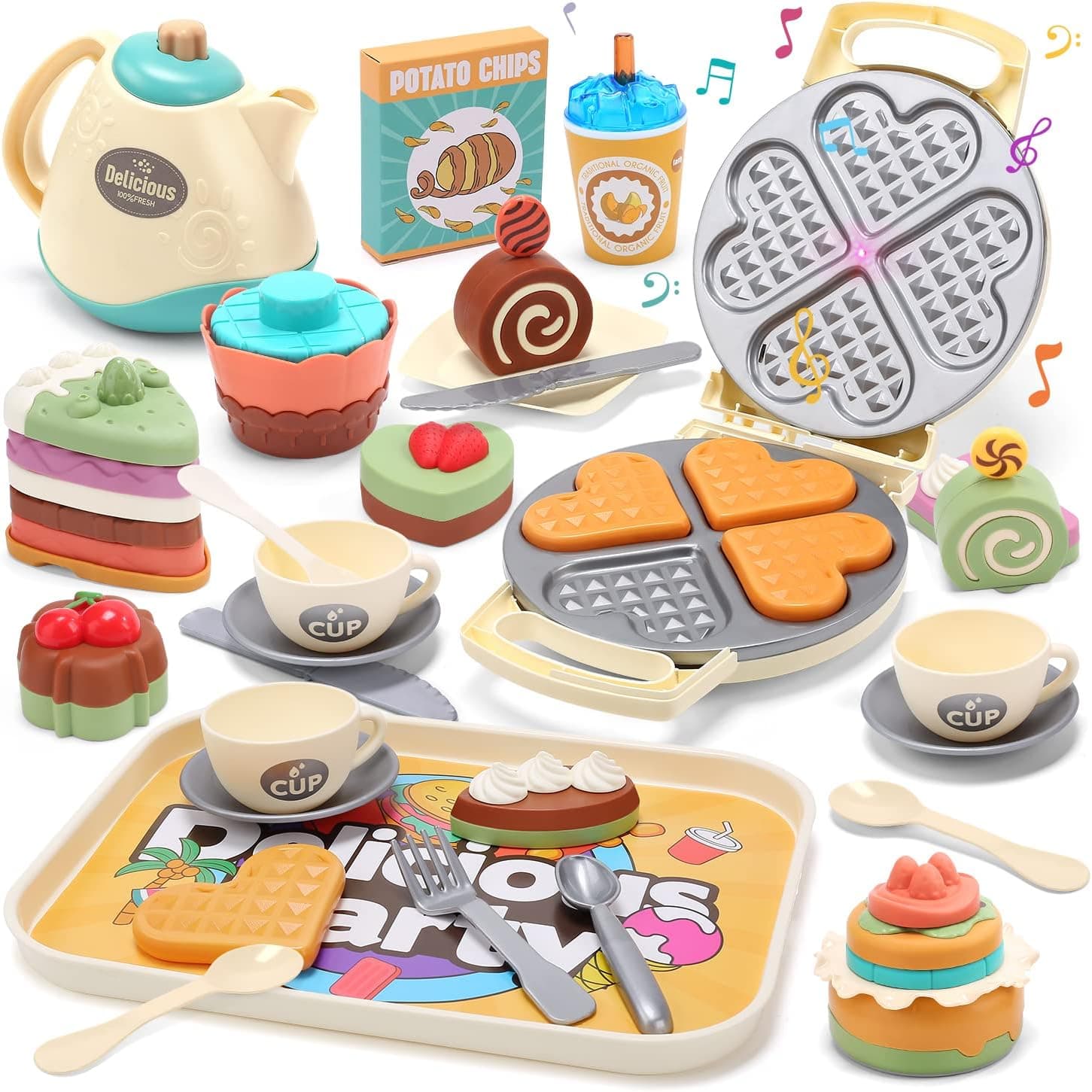CUTE STONE Tea Set for Little Girls, Waffle Toy Kitchen Set for Kids, Toys Tea Set Including Teapot, Cups, Dessert, Service Tray, Play Tea Party Accessories ,Kitchen Pretend Play for Kids