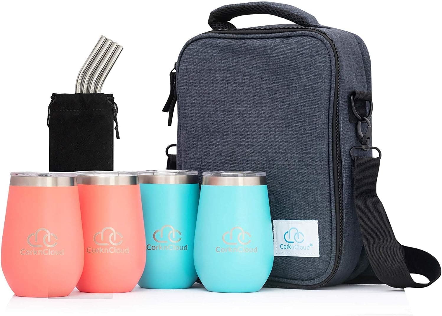 Stemless Stainless Steel Insulated Wine Tumbler with Lid [4 pack]|Insulated Travel Bag | PC Teal & PC Coral