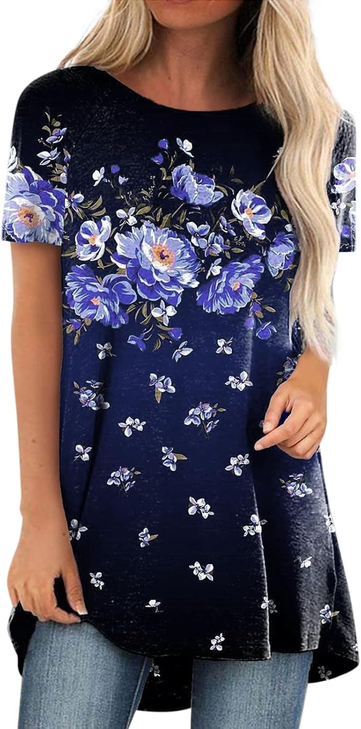 KCJGIKPOK Womens Summer Tunic Tops for Leggings Cute Short Sleeve Graphic Tees Long Flowy T-Shirt Casual Dressy Loose Blouses