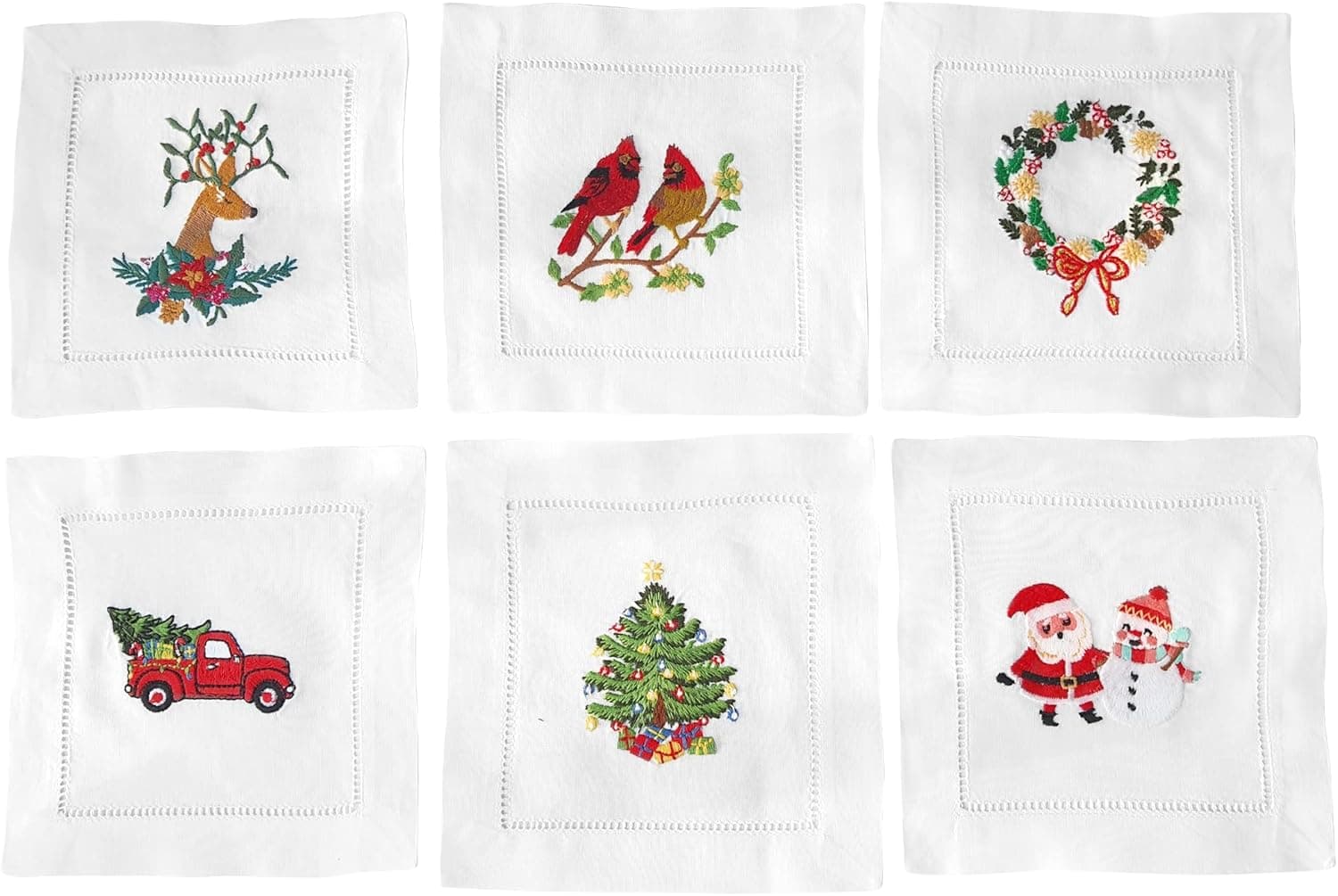 HCRAFT Embroidered White Cocktail Napkins 6"x6" Set of 6 Cloth Napkin Coasters, Christmas Embroidered Cocktail Napkins for Christmas Cocktail Napkins Parties, Ladder Hemstitch, Great Present Ideas
