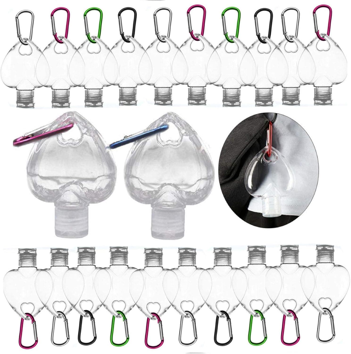 STYGALO 25 Pcs Heart Shape Travel Size Bottles Keychain, 2oz/50ml Plastic Clear Empty Leakproof Refillable Hand Sanitizer Bottles with Flip Cap, Portable Liquid Squeeze Container for Travel, Outdoor