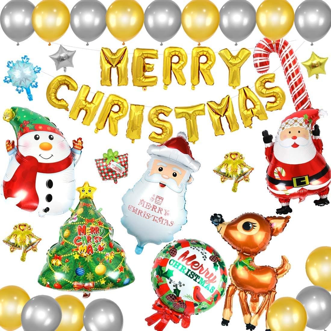 Christmas Decorations Balloons Set 47Pcs - Christmas Tree Santa Claus Elk Snowman Snowflake Bell Candy Cane Christmas Wreath with Hand Balloon Pump - Gold