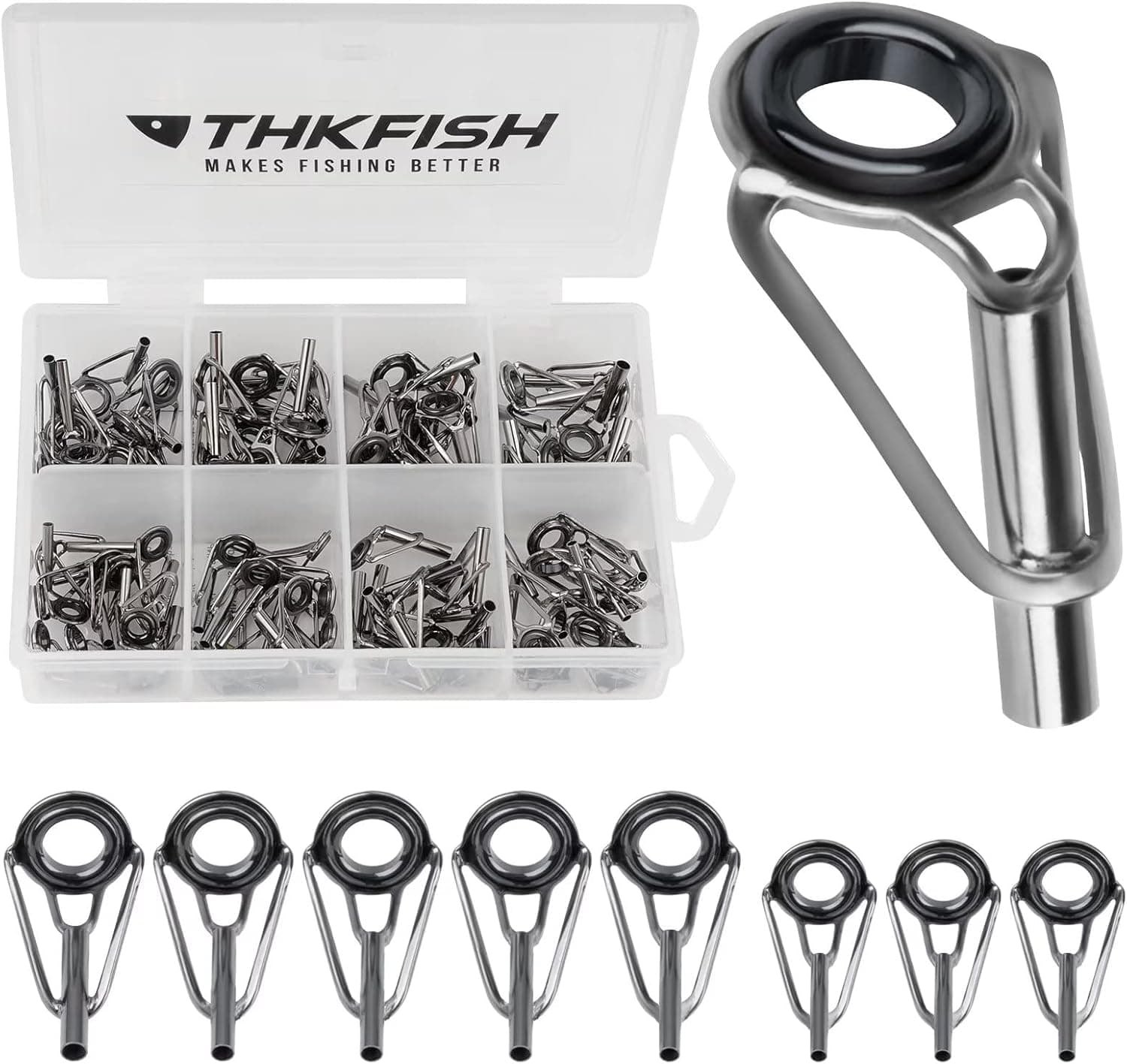 THKFISH Rod Tip Repair Kit Rod Repair Kit Fishing Rod Tips Stainless Steel Ceramic Ring Guide Rod Repair Replacement 30pcs/80pcs,Eyelets Repair Kit with Glue 42PCS 6Sizes