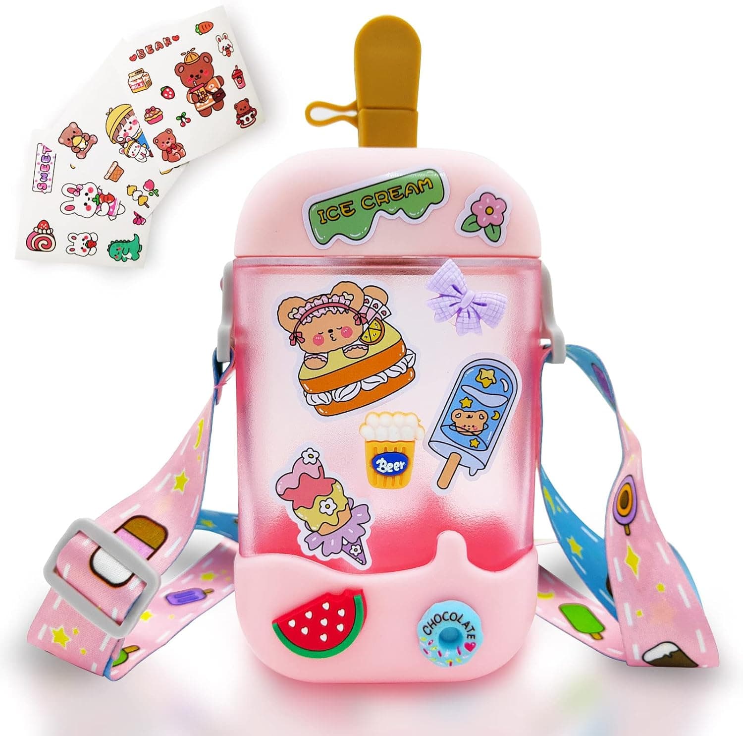 Kawaii Water Bottle Cute Ice Cream Water Bottles with Straw, Kawaii Popsicle Water Bottle with Adjustable Shoulder Strap and Stickers, Popsicle Cup for School Girls and Boys, BPA-Free, 14 oz (Pink)