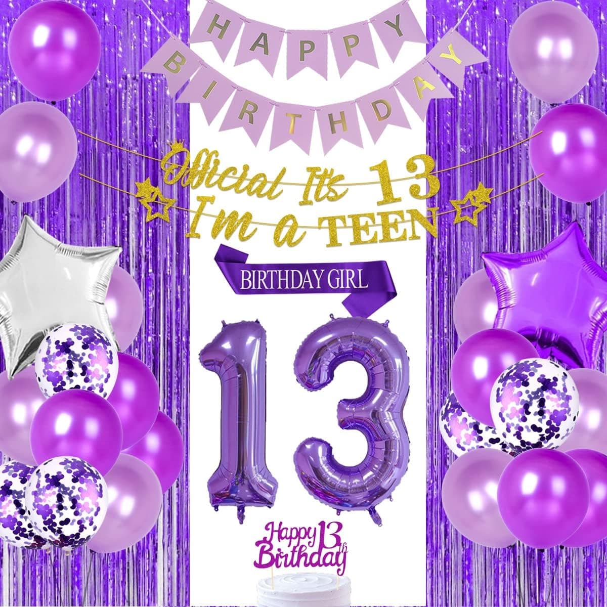 Purple 13th Birthday Decorations for Girls 13 Year Old Birthday Decorations Happy 13th Birthday Cake Topper Party Supplies Purple Number 13 Foil Balloon