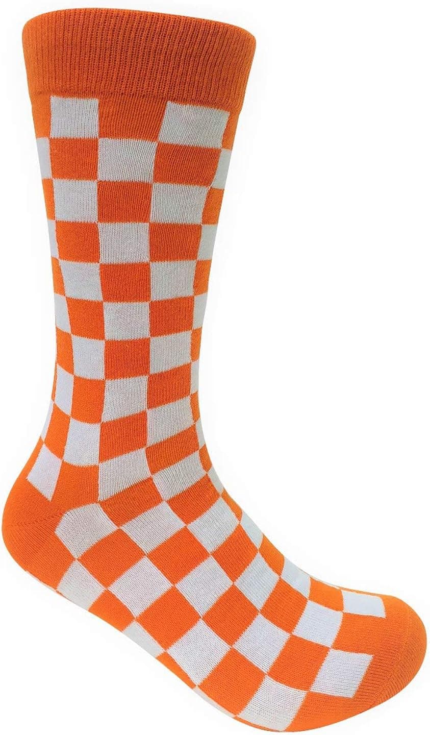 Tango11s Chckered World Men Cave Trouser Novelty Fun Crew Print Socks for Dress or Casual (Orange Checkered, More Cotton)
