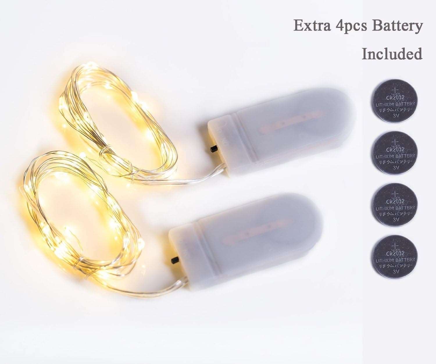 Pack of 2 Battery String Lights/20 Micro Starry LEDs on 5.3Ft Copper Wire/2xCR2032 Batteries Operated&Included/4 Extra Replace Batteries Included/Silver Wire/Warm White