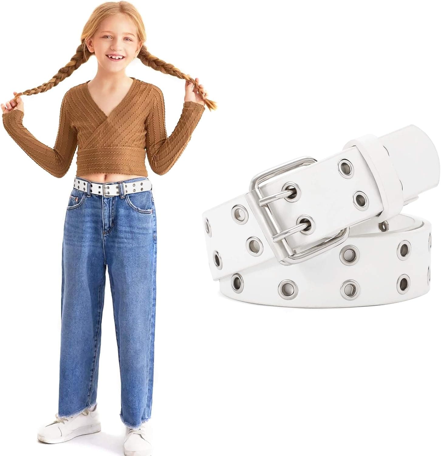 WERFORU Kids Double Grommet Belts With Holes for Girls Boys PU Leather Two Row Grommet pants Belt for Jeans Dress (b-white, Suit for pants size below 28 Inches)