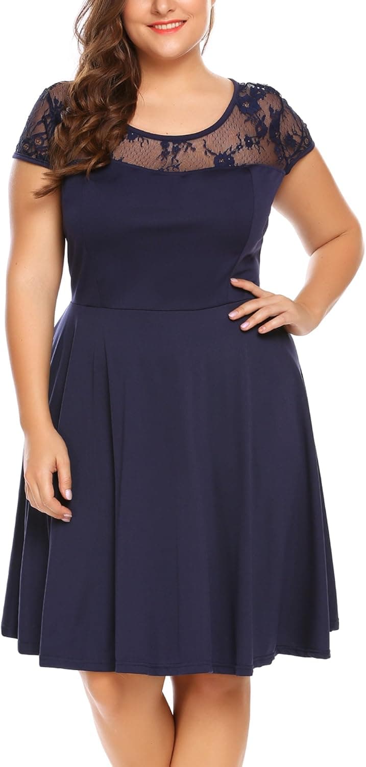 IN'VOLAND Plus Size Cocktail Dresses Wedding Party Dress Vintage Floral Lace Casual Midi Dress