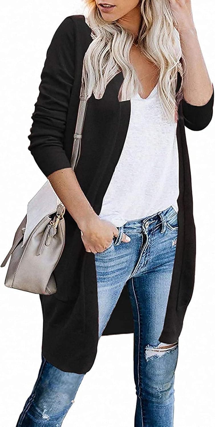 MEROKEETY Women's Long Sleeve Open Front Hoodie Knit Sweater Cardigan with Pockets