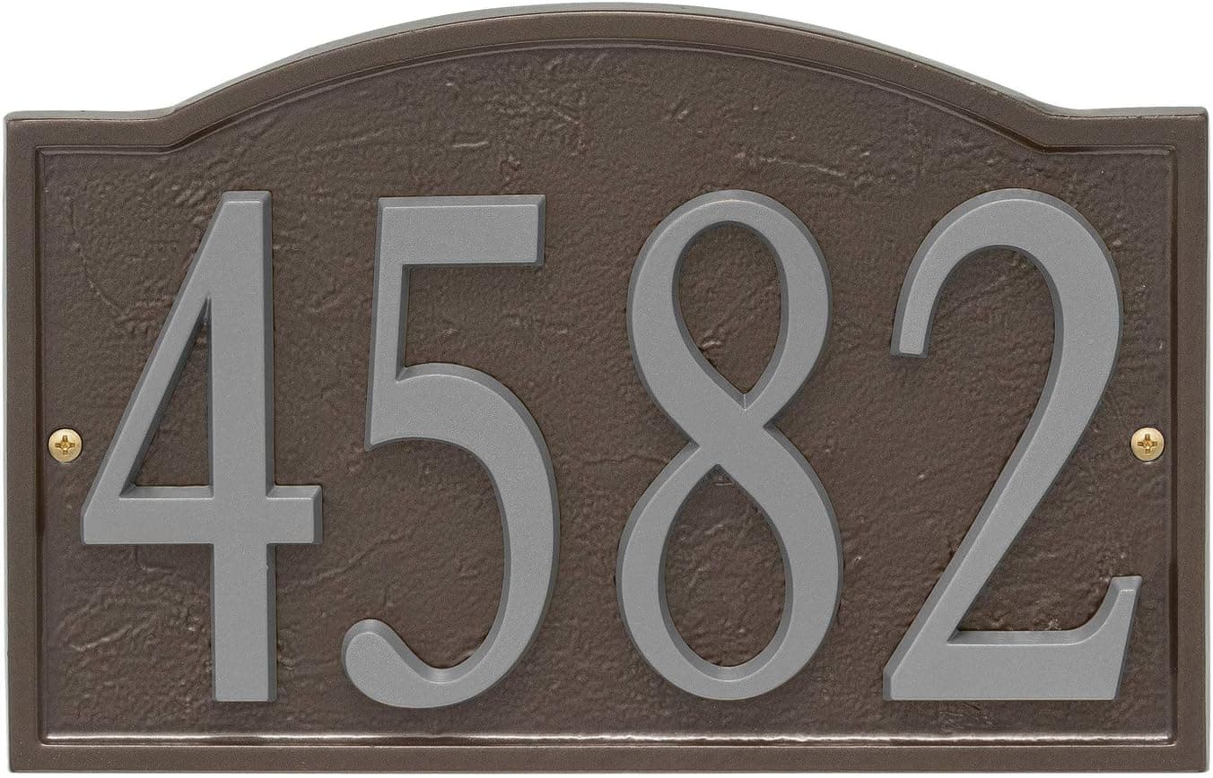 Art & Artifact by Whitehall Personalized Cast Metal Address Plaque - 11" x 7.25" Custom House Number Sign - Arched Rectangle with DIY Self-Adhesive Zinc Numerals - Bronze/Silver