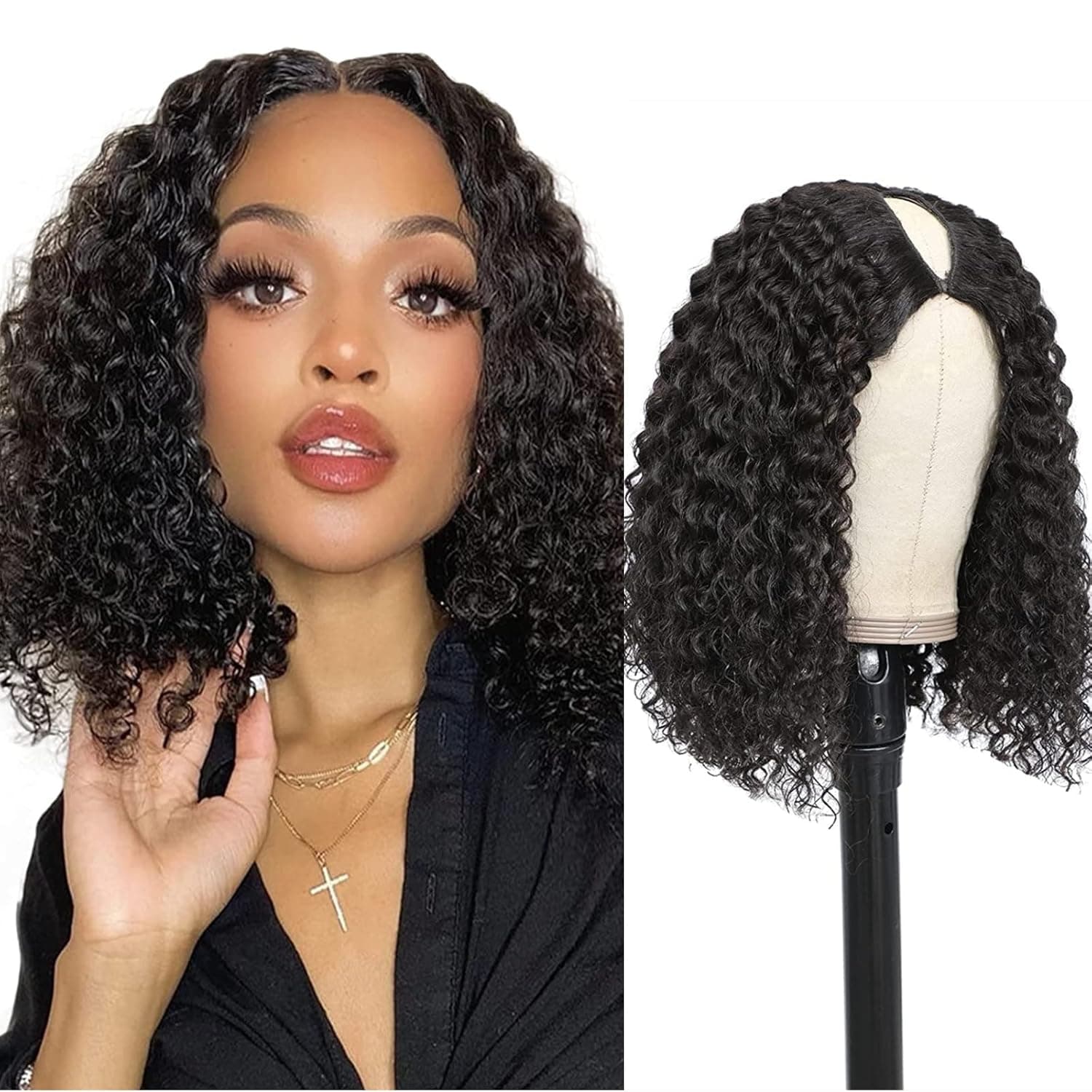 Qmaple V Part Bob Wigs for Black Women Curly Wig Upgrade U Part Bob Wig No Glue No Leave Out V Part Wig Synthetic Wigs 14 Inch Natural Looking Clip in Half Wig Heat Resistant Curly Wave V Part Wigs