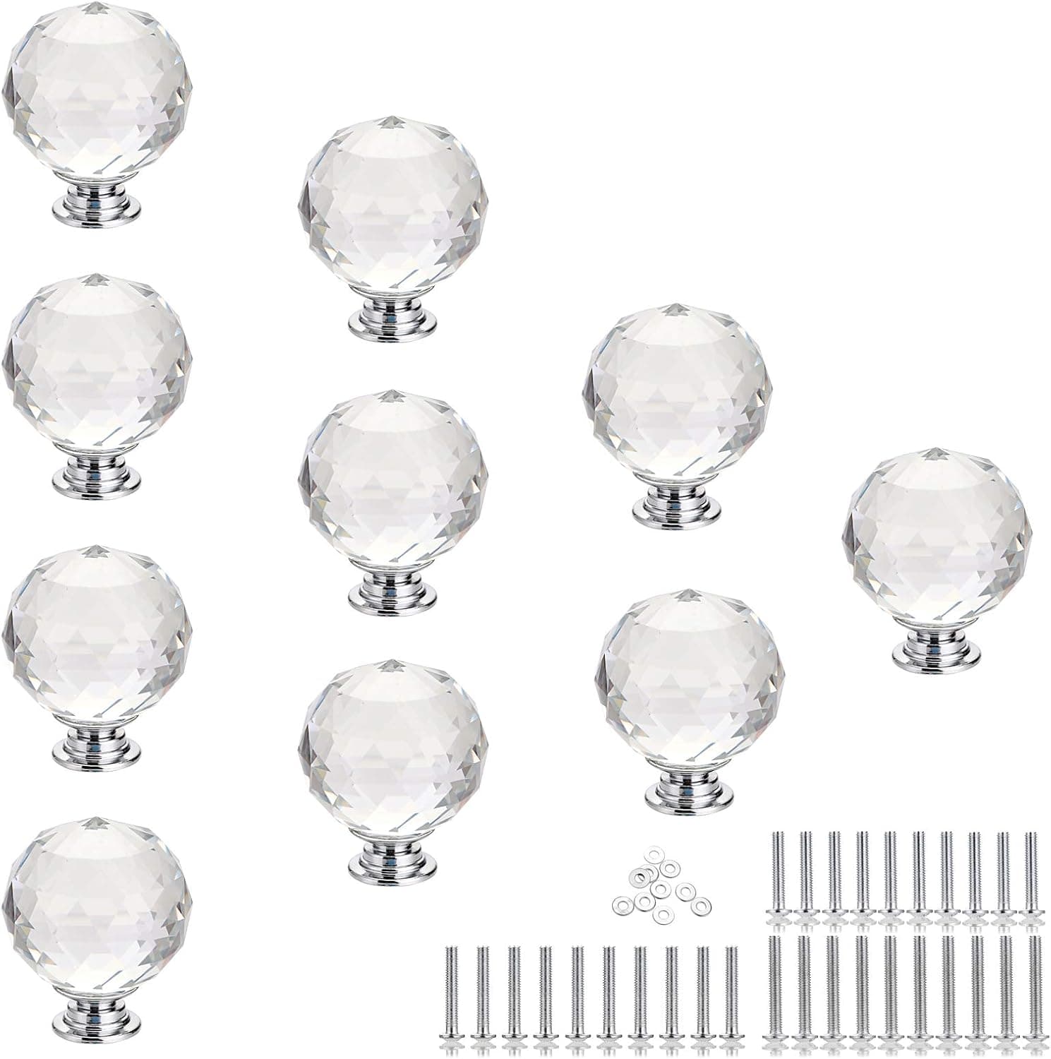 Sumnacon 10 Pcs 40MM Clear Crystal Glass Door Knobs - Round Crystal Wardrobe Drawer Knobs with 3 Kind Screws, Decorative Cabinet Cupboard Pull Knobs for Home Decor