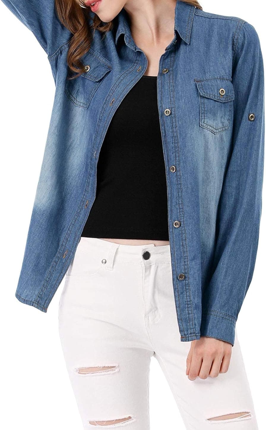 Allegra K Women's Button Down Twin Pocket Rolled Sleeves Denim Shirt XS Dark Blue