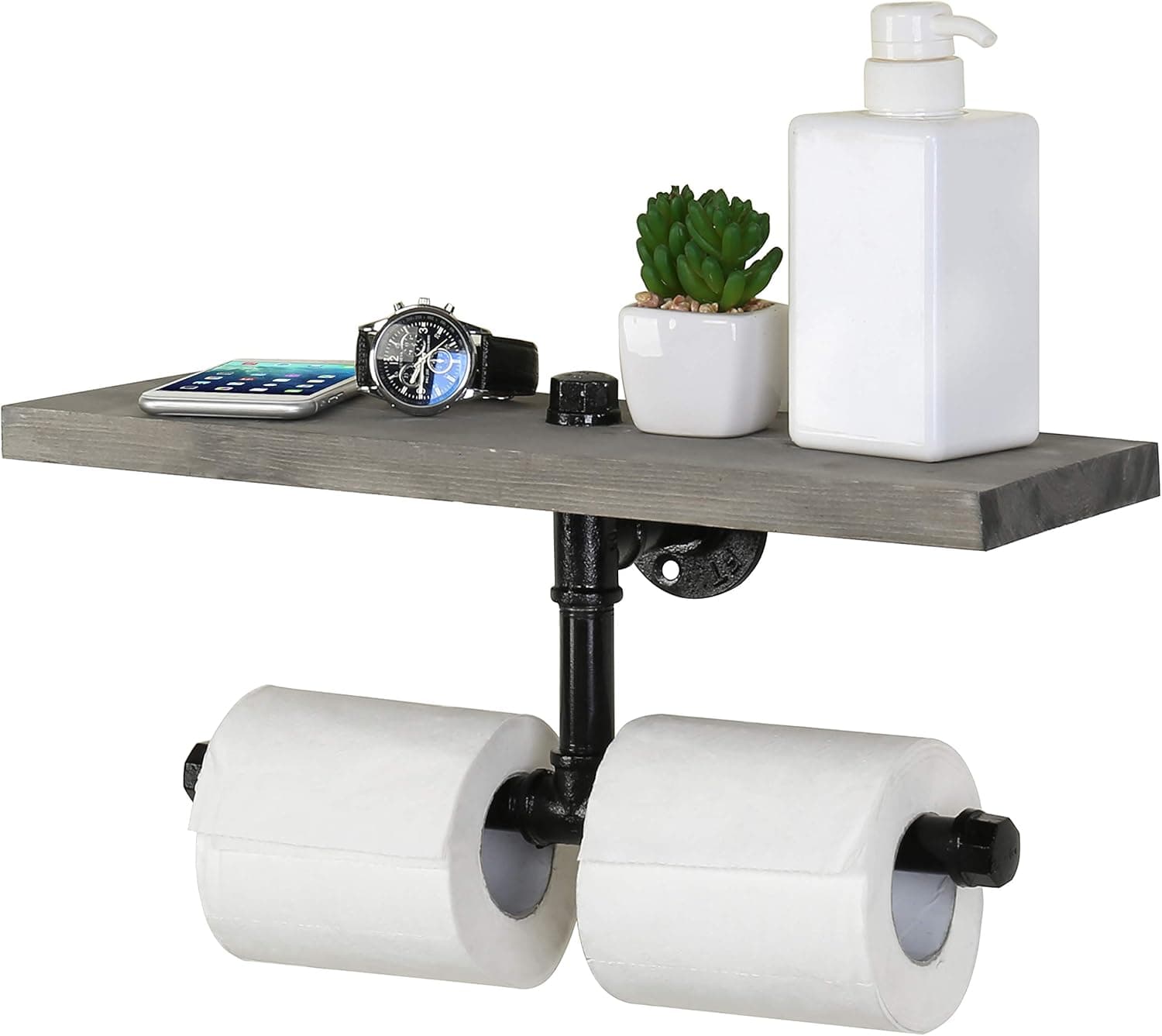 MyGift Wall-Mounted Industrial Pipe Dual-Roll Toilet Paper Holder with Vintage Gray Wood Shelf