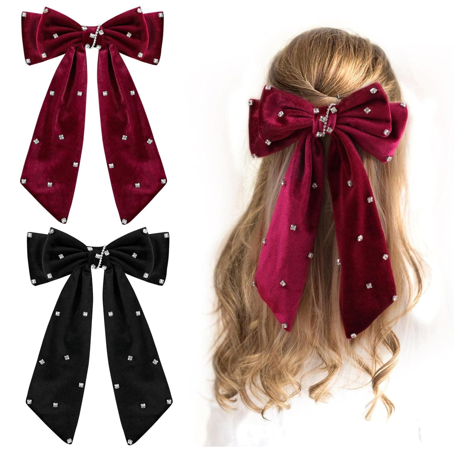 2pcs Large Velvet Hair Bows for Women Girls, 6.5inch Diamonds Hair Barrettes , Vintage Hair Clips French Style Long Velvet Bows Hair Accessories (Black & Burgundy)