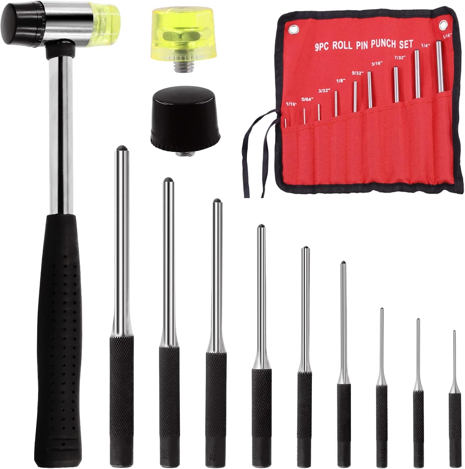 Wokape 12Pcs High Quality Roll Pin Punch Set with 1 Inch Soft Mallet, Removing Repair Tool with Holder and Storage Pouch Perfect for Automotive, Watch Repair, Jewelry and Craft