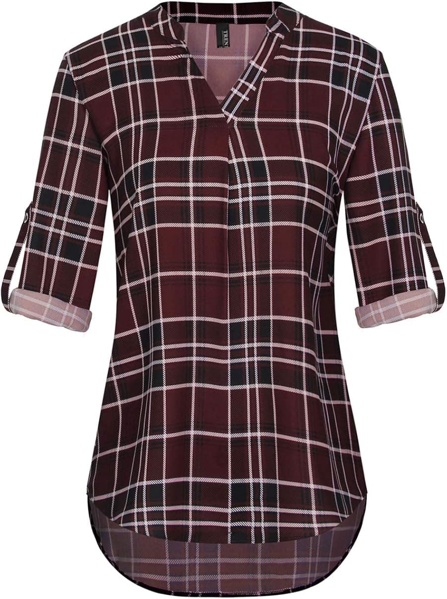 TrendiMax Women's Casual Pleated Chiffon V Neck 3/4 Cuffed Sleeve Blouse Tops