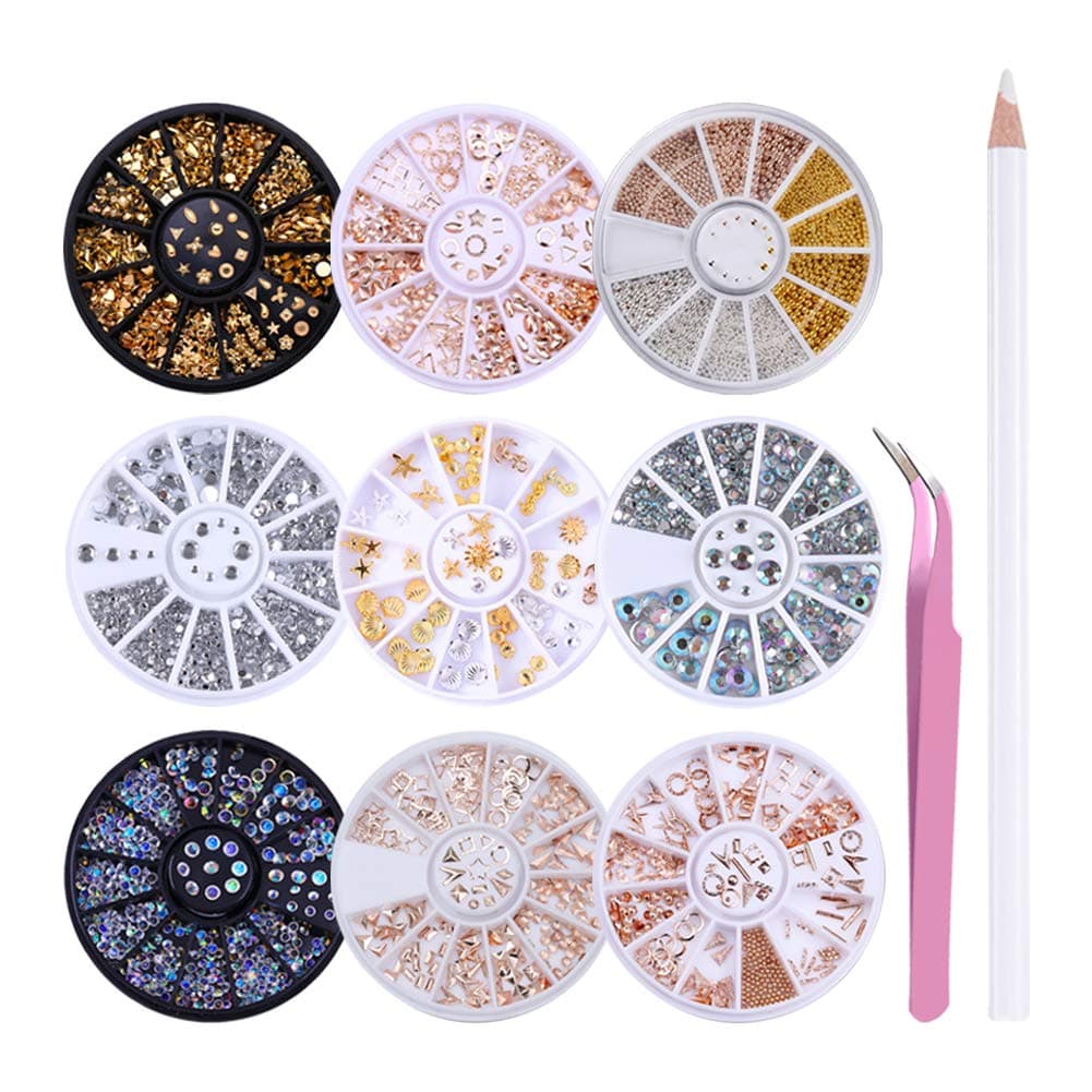 LILYCUTE Nail Art Rhinestones Nail Beads Gold Metal Studs Stone 3D Nail Decoration with Rhinestones Picker Pencil Tweezer Manicure Tools 9 Boxes