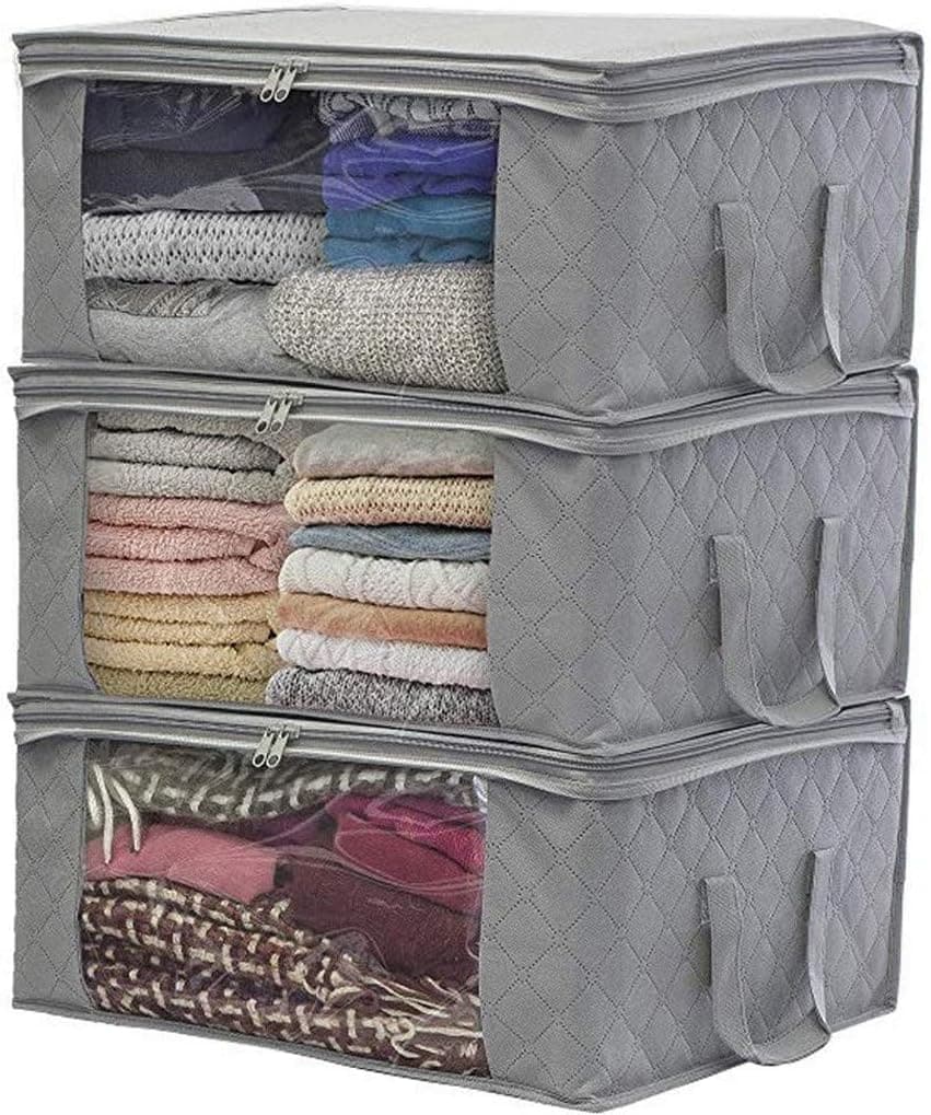 Large Capacity Clothes Storage Bag Organizer with Reinforced Handle, 3 Pack,for Comforters, Blankets, Bedding, Foldable with Sturdy Zipper, Clear Window (Gray)